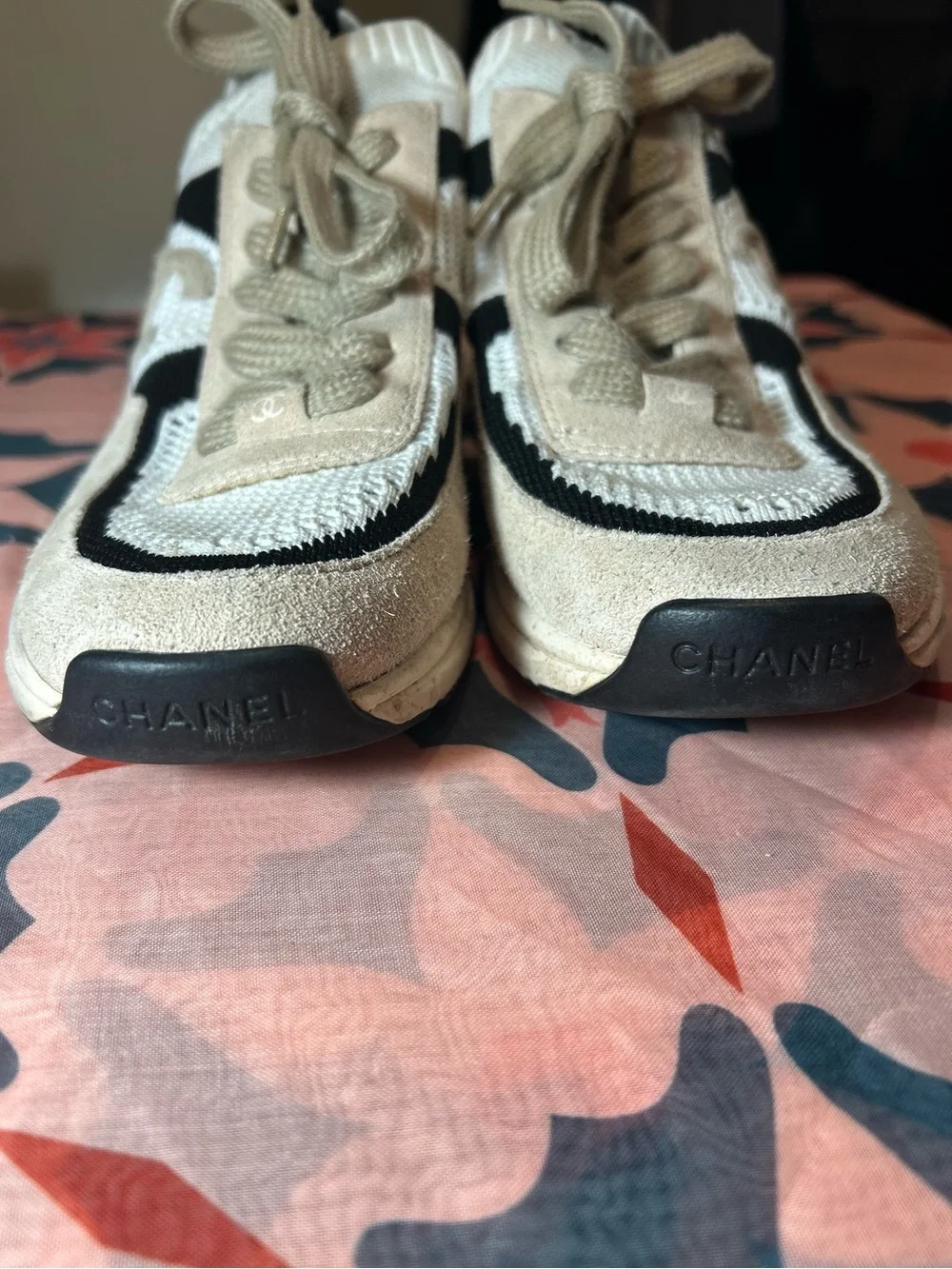 CHANEL Women’s Beige and Black Knit & Suede Sneaker